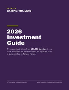 Cover of the Premier Gaming Trailers 2026 Investment Guide: the title in white on deep purple, with a lime bar above it